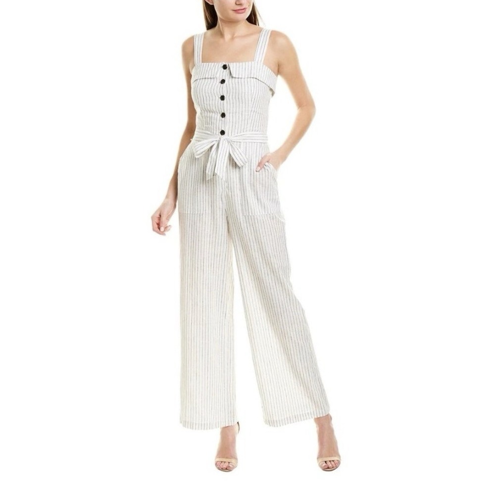 NEW! 1. STATE Striped Linen Blend Jumpsuit Wide Leg Button Front Belt SZ 0